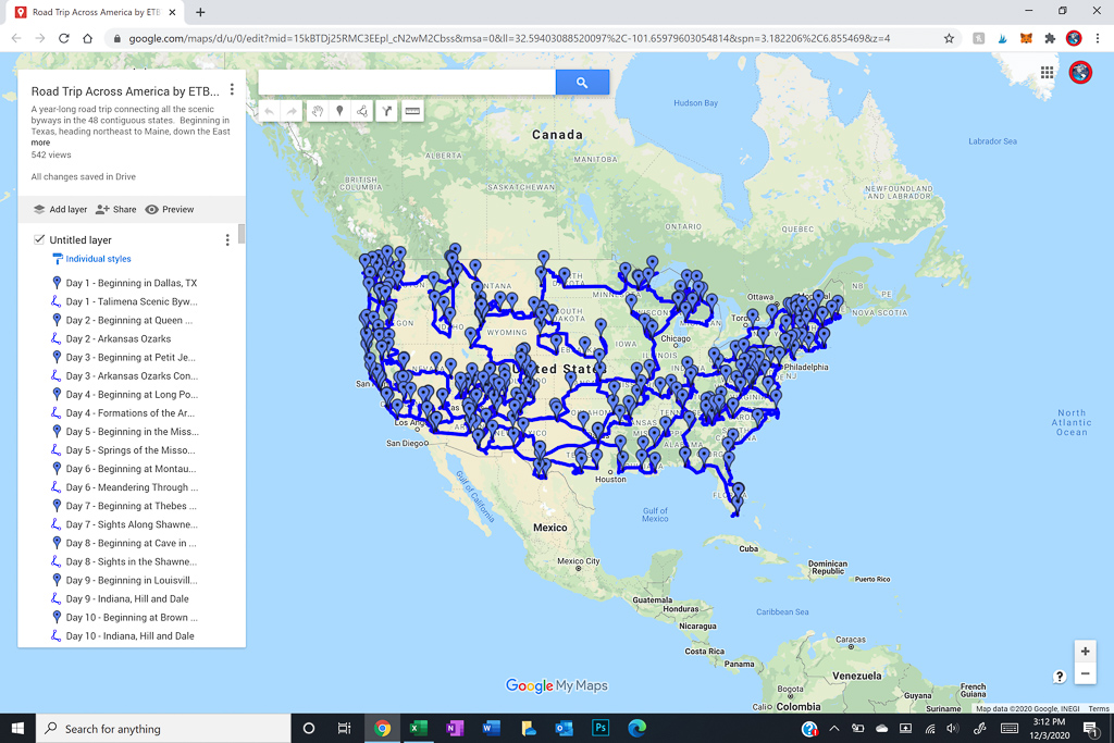 map of road trip along scenic byways across the USA