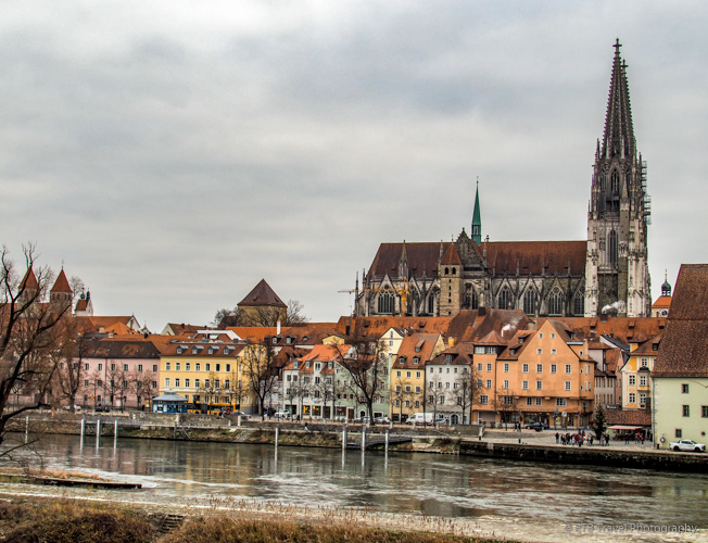 View of Old Town Regensburg from Stone Bridge